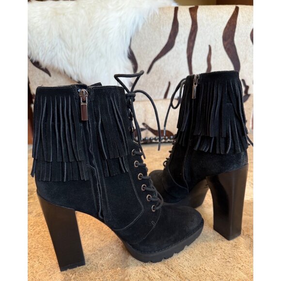 Kenneth Cole Black Fringe Lace-Up Heeled Boots Size 10 - Picture 5 of 11